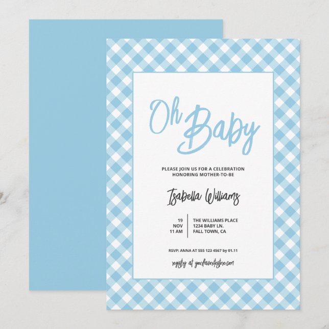 Convite de Chá de Bebê Menino com Xadrez Azul Mode (Frente/Verso)