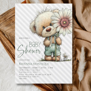 Convite de Chá de Bebê Menino Grey Stripe Bear Dai