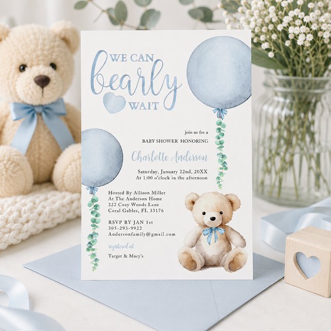 Convite de Chá de Bebê Menino Urso Azul Mal Podemo (Baby shower invite with pastel accents)