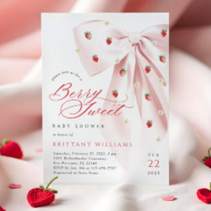 Convite de Chá de Bebê Morango com Laço Rosa