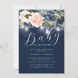 Convite de Chá de Bebê Navy Rosa Floral Baby In Bl