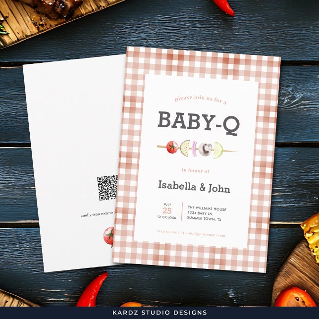 Convite de Chá de Bebê Neutro Q Churrasco Baby (Front and back of card shown in 5 x 7 in. Add QR on  back of the card for gift registry or change it)