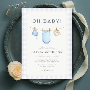 Convite de Chá de Bebê Oh Baby Blue Gingham