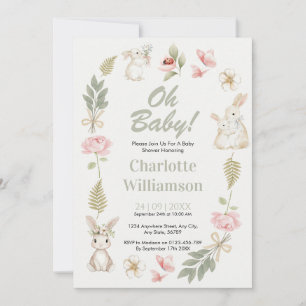 Convite de Chá de Bebê Oh Baby Floral Bunny Sage &