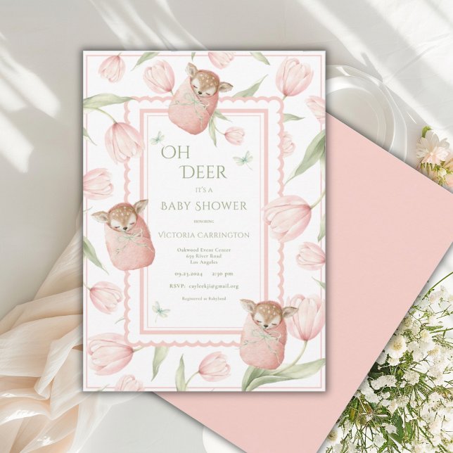 Convite de Chá de Bebê Oh Deer Tulipas Rosa (Criador carregado)
