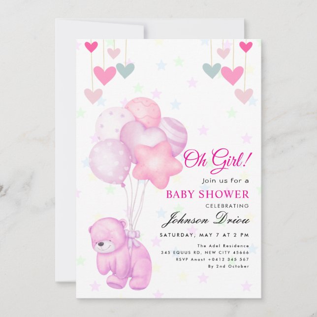 Convite de chá de bebê “Oh Girl!” com ursinho e ba (Frente)
