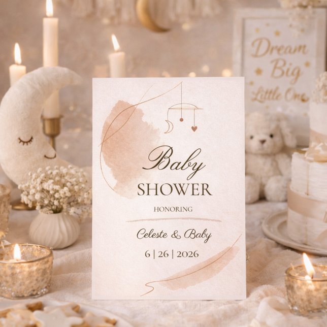 Convite de Chá de Bebê Paisagem dos Sonhos da Lua  (Celestial nursery themed baby shower layout with moon mobile and soft taupe brush accents)