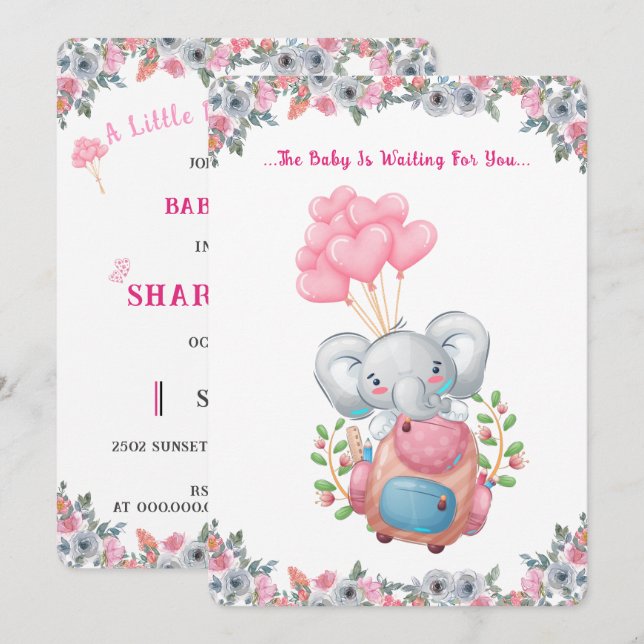 Convite de Chá de Bebê para Elefante Rosa Fofo (Frente/Verso)