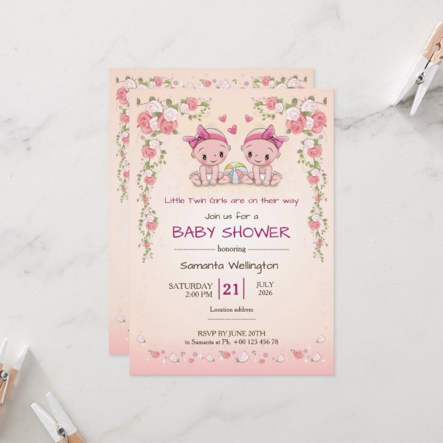 Convite de Chá de Bebê para Gêmeas Meninas (Frente/Verso In Situ)