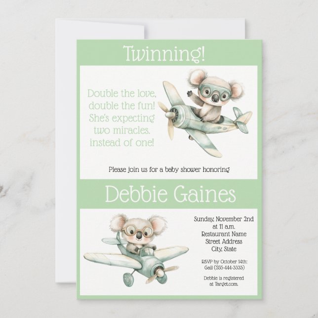 Convite de Chá de Bebê para Gêmeos Koala | Neutro (Frente)