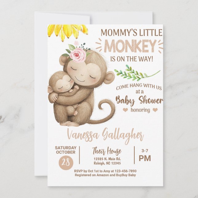 Convite de chá de bebê para macaco mãe e bebê. (Frente)