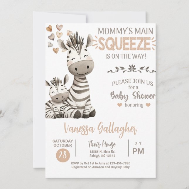 Convite de chá de bebê para mamãe e bebê zebra. (Frente)