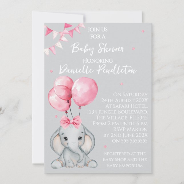 Convite de Chá de Bebê para Menina com Elefante Fo (Frente)