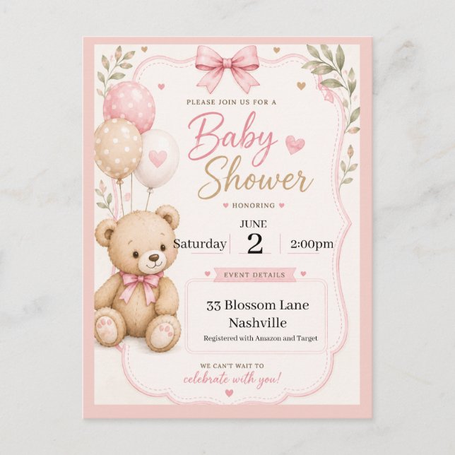 Convite de Chá de Bebê para meninas tema ursinho (Frente)