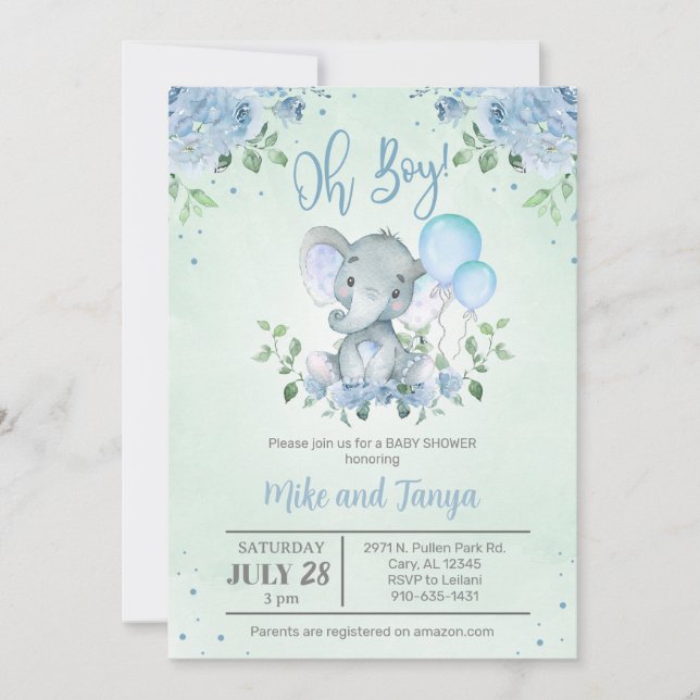 Convite de chá de bebê para menino com Elefante &  (Frente)