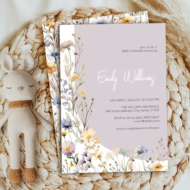 Convite de chá de bebê para uma menina pequena com (Wildflower meadow rustic boho baby shower girl invitation )