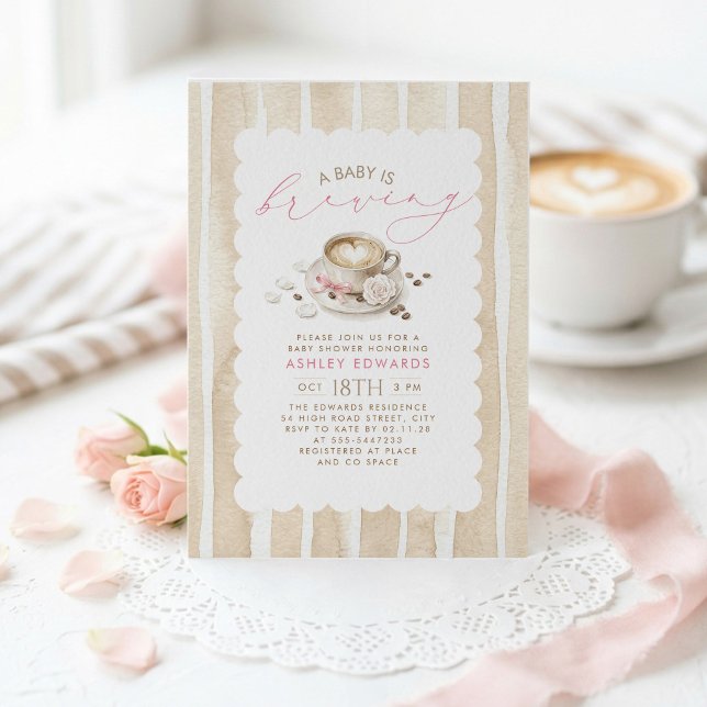 Convite de Chá de Bebê Pink Bow Latte Coffee Girl (A Baby Is Brewing Latte Coffee Themed Girl Baby Shower Invitations)
