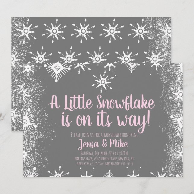Convite de Chá de Bebê Pink Little Snowflakes Snow (Frente/Verso)