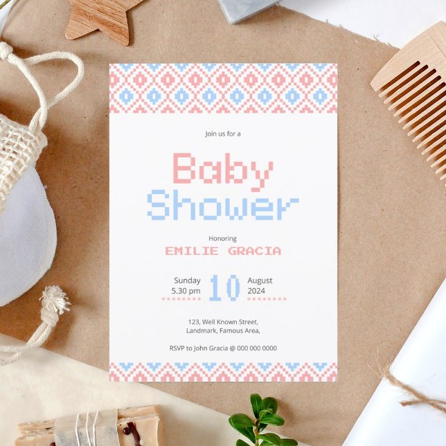 Convite de Chá de Bebê | Pixel Tecido (cute , unique invitation card for baby shower with soft colors and pixel pattern )
