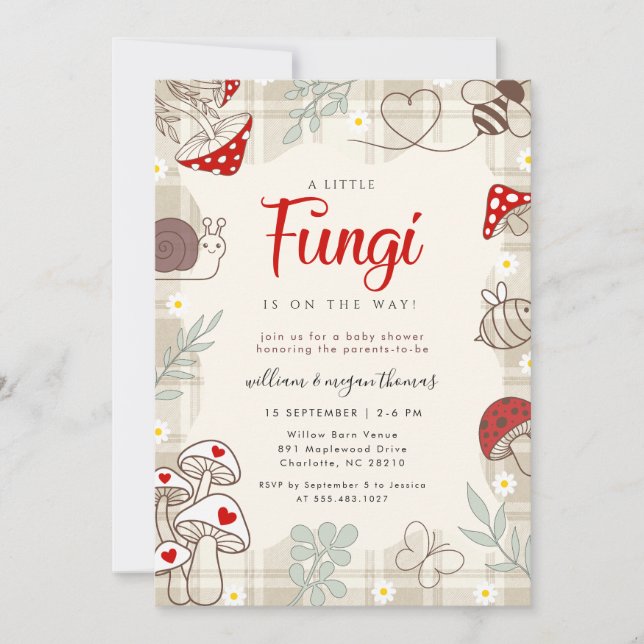 Convite de Chá de Bebê Plaid Check Fungi Snail Woo (Frente)