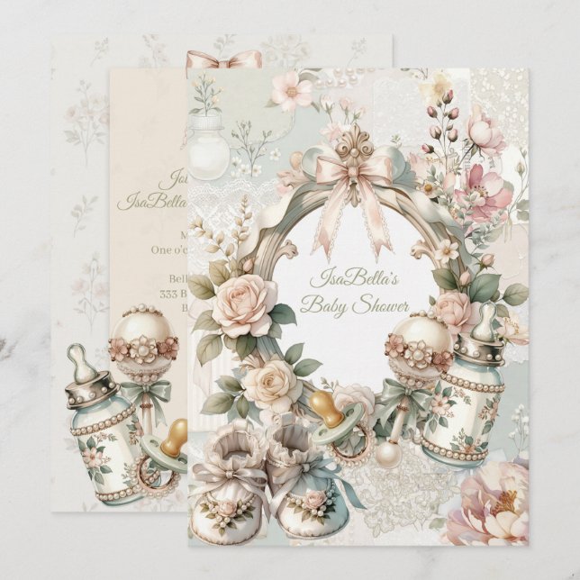 Convite de Chá de Bebê Primeiro Florescer Elegante (Frente/Verso)