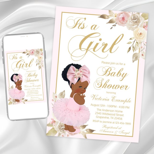 Convite de Chá de Bebê Princesa Africana Tutu (Cute pink and gold tutu baby shower invitation. Instant download and printed invitations available.)
