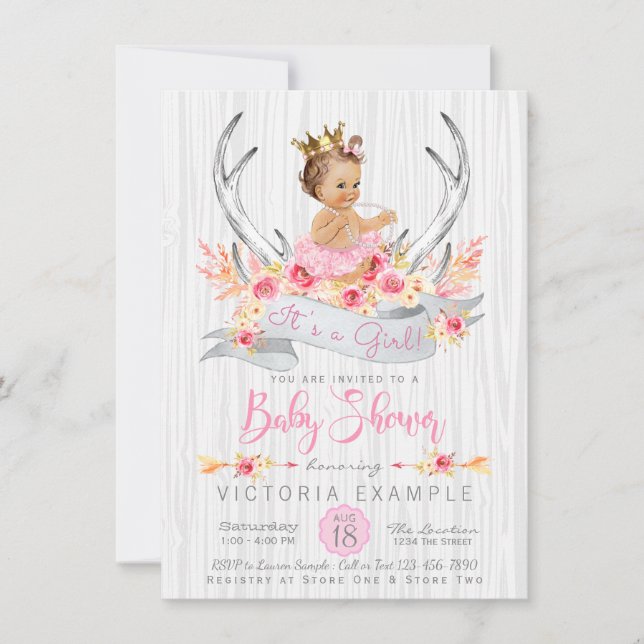 Convite de Chá de Bebê Princesa Boho Tribal com Ch (Frente)