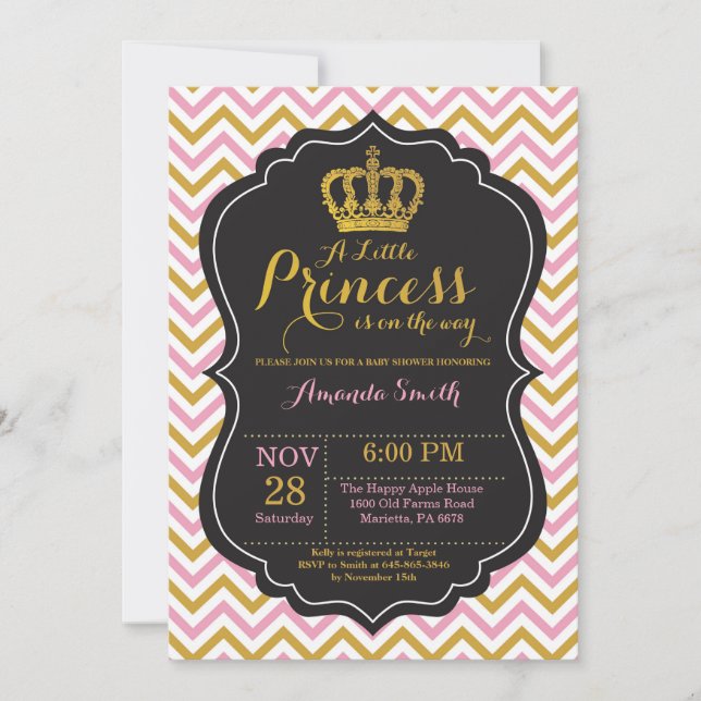 Convite de Chá de Bebê Princesa Rosa e Dourado (Frente)