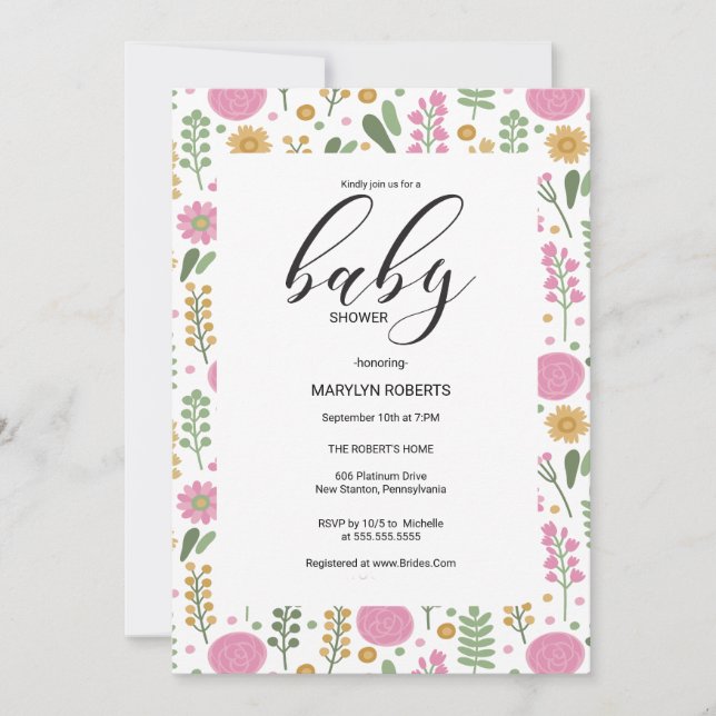 Convite de Chá de Bebê Quadro Flor Silvestre Natur (Frente)