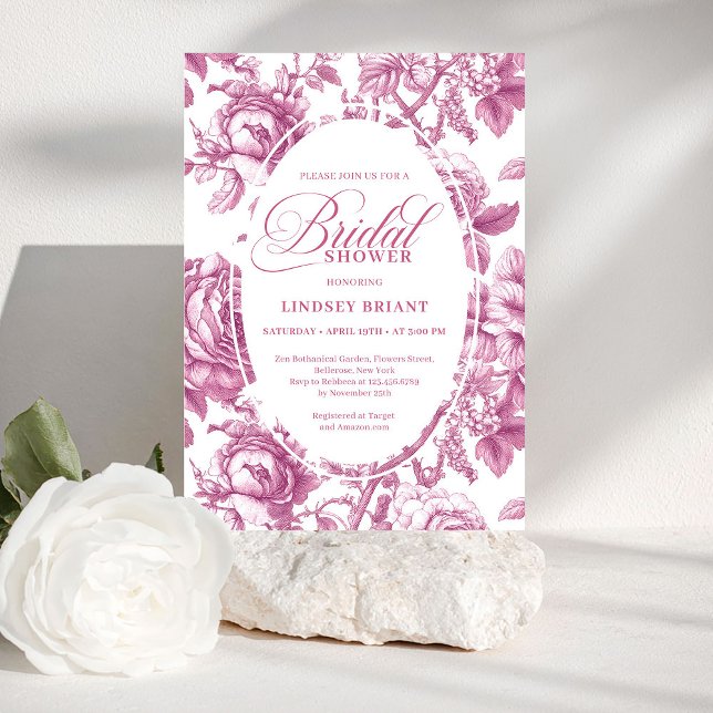 Convite de Chá de Bebê Real Rosa Veludo Tom Toile  (Royal Blush Velvet Rose Toile Bridal Shower Invite)