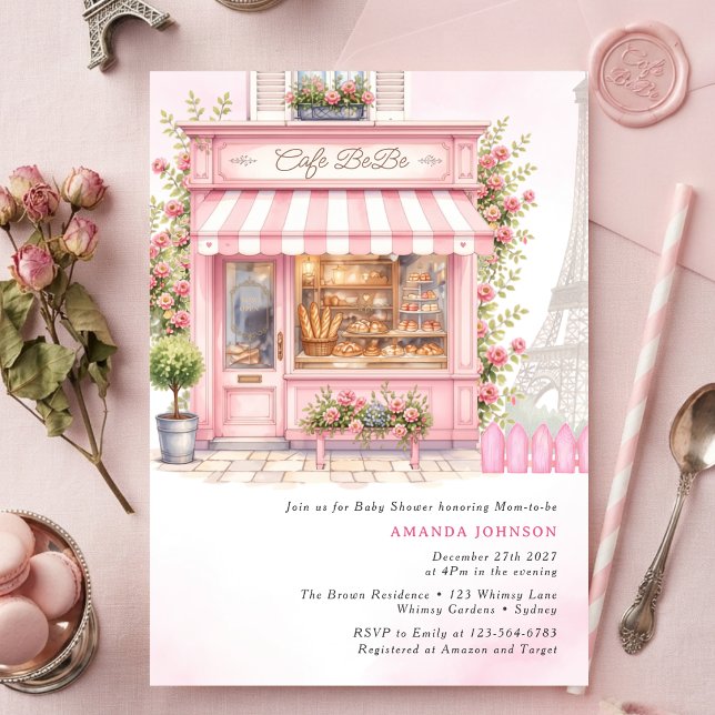 Convite de Chá de Bebê Rosa Bebe Café Parisiense B (Criador carregado)