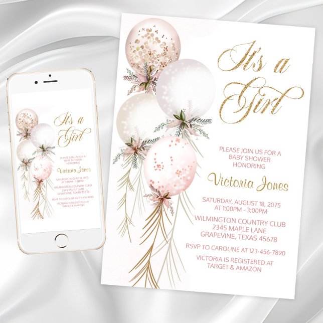 Convite de Chá de Bebê Rosa Bege Balão (Blush pink gold balloon baby shower invitation.)