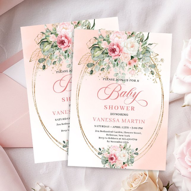 Convite de Chá de Bebê Rosa Boho Moderno com Folha (Trendy Boho Blush Rose Greenery Baby Shower Invitation)