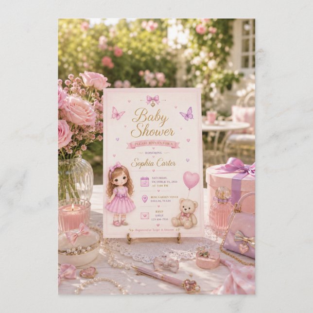 Convite de Chá de Bebê Rosa com Menina Fofa (Verso)