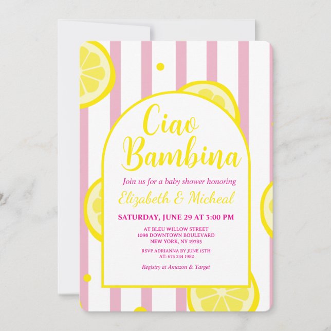 Convite de Chá de Bebê Rosa e Branco Ciao Bambina (Frente)