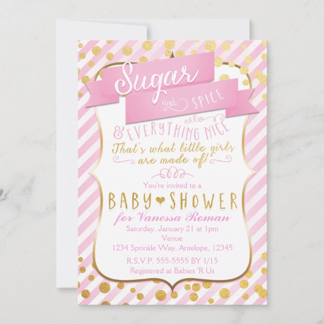 Convite de Chá de Bebê Rosa e Dourado Sugar & Spic (Frente)