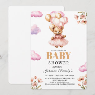 Convite de Chá de Bebê Rosa Menina Boho Urso