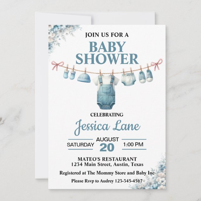 Convite de Chá de Bebê Roupas de Menino Fofo (Frente)