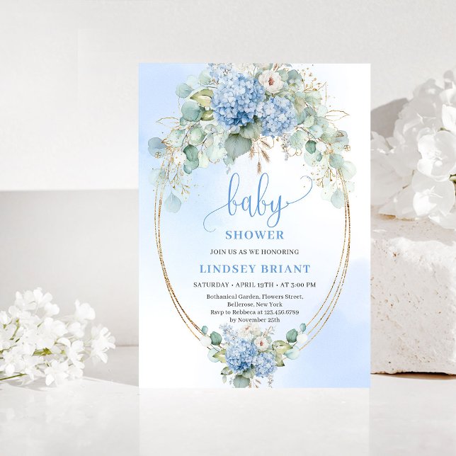 Convite de Chá de Bebê Rustic Bohemian Blue Hydran (Rustic Bohemian Blue Hydrangeas Baby Shower Invite)