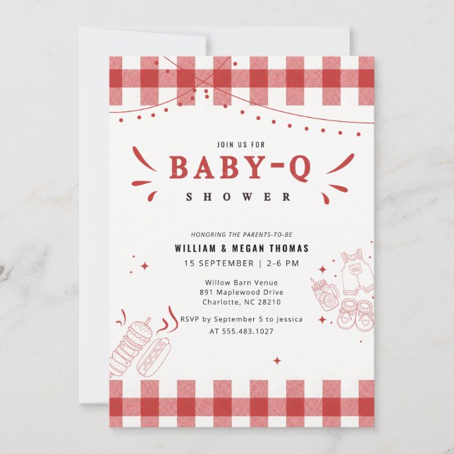 Convite de Chá de Bebê Rustic Red Gingham Baby Q B (Frente)