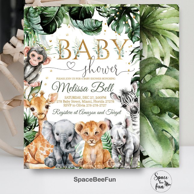 Convite de Chá de Bebê Safari, Menino Safari Selva (Safari Baby Shower Invitation, Boy Safari Jungle  Animals Baby Shower Invite, Wild One Invite, Green)