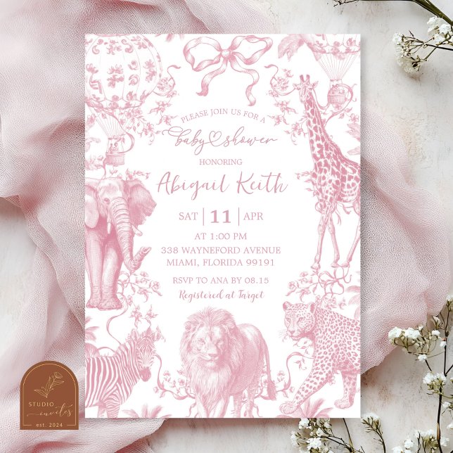 Convite de Chá de Bebê Safari Toile Rosa (Criador carregado)