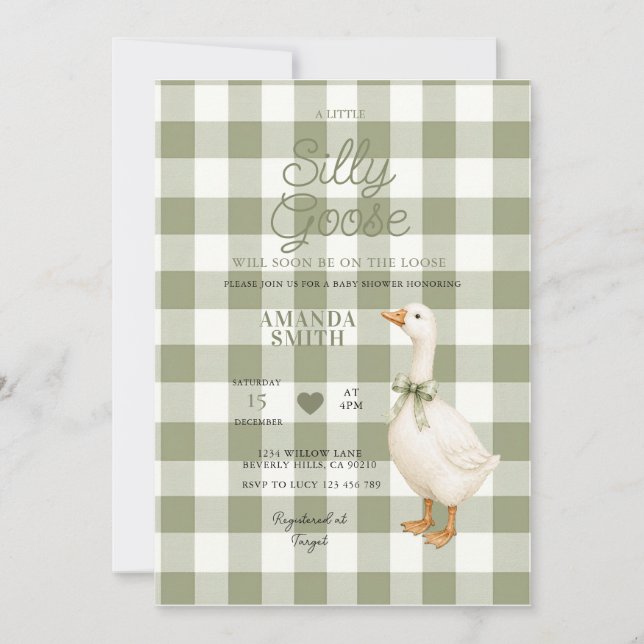 Convite de Chá de Bebê Sage Gingham Silly Goose (Frente)