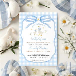 Convite de Chá de Bebê Silly Goose Xadrez Azul
