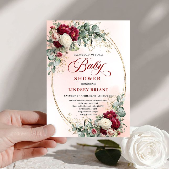 Convite de Chá de Bebê Soft Boho Marsala Peony Bab (Soft Boho Marsala Peony Baby Shower Invite)