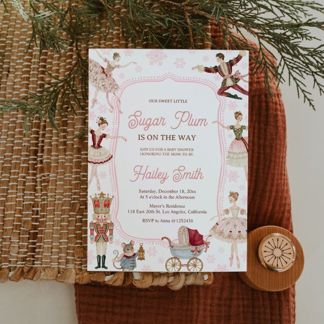 Convite de Chá de Bebê Sugar Plum para Menina (Sugar Plum Nutcracker baby shower invitation for a magical Christmas celebration for baby girl. 🎀🎄)