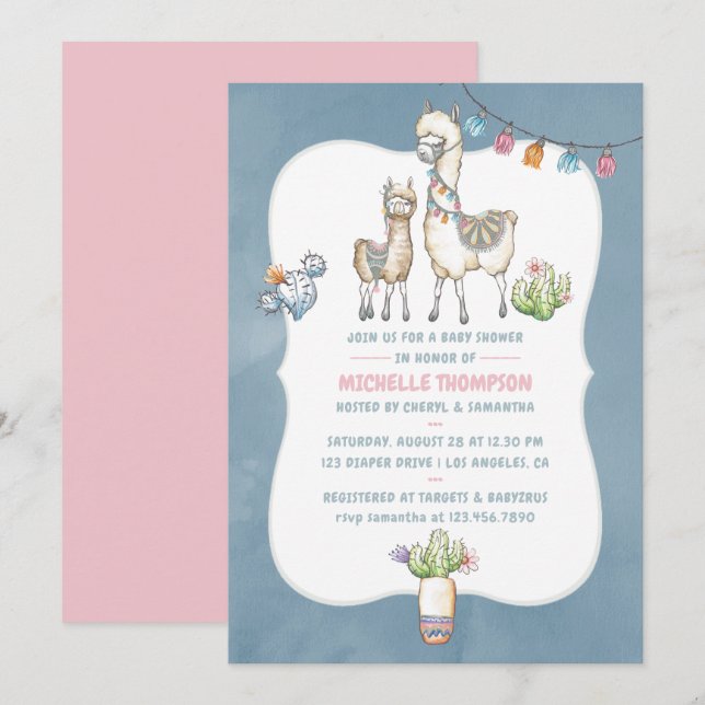 Convite de Chá de Bebê temático Llama em Aquarela (Frente/Verso)