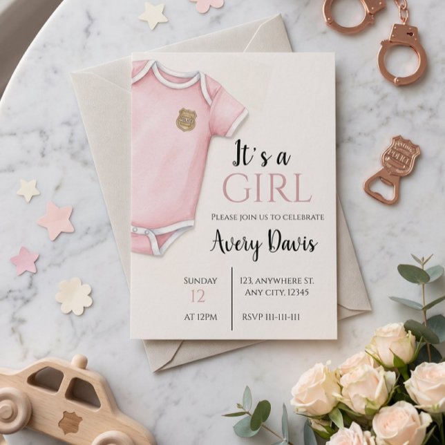 Convite de Chá de Bebê Thin Blue Line Baby, Rosa (Pink Police Baby Girl Shower Invitation | "It's a Girl" Law Enforcement Announcement)