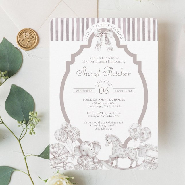 Convite de Chá de Bebê Toalete Neutra (Timeless toile de jouy baby shower invite with elegant vintage charm.







)