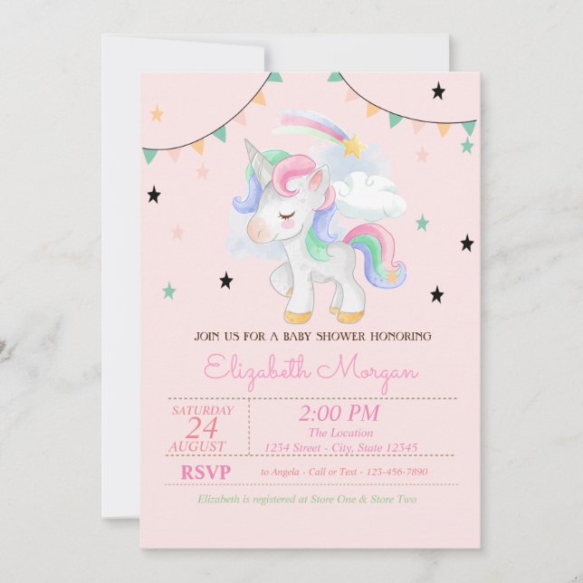 Convite de Chá de Bebê Unicórnio Fofo e Estrelas (Frente)